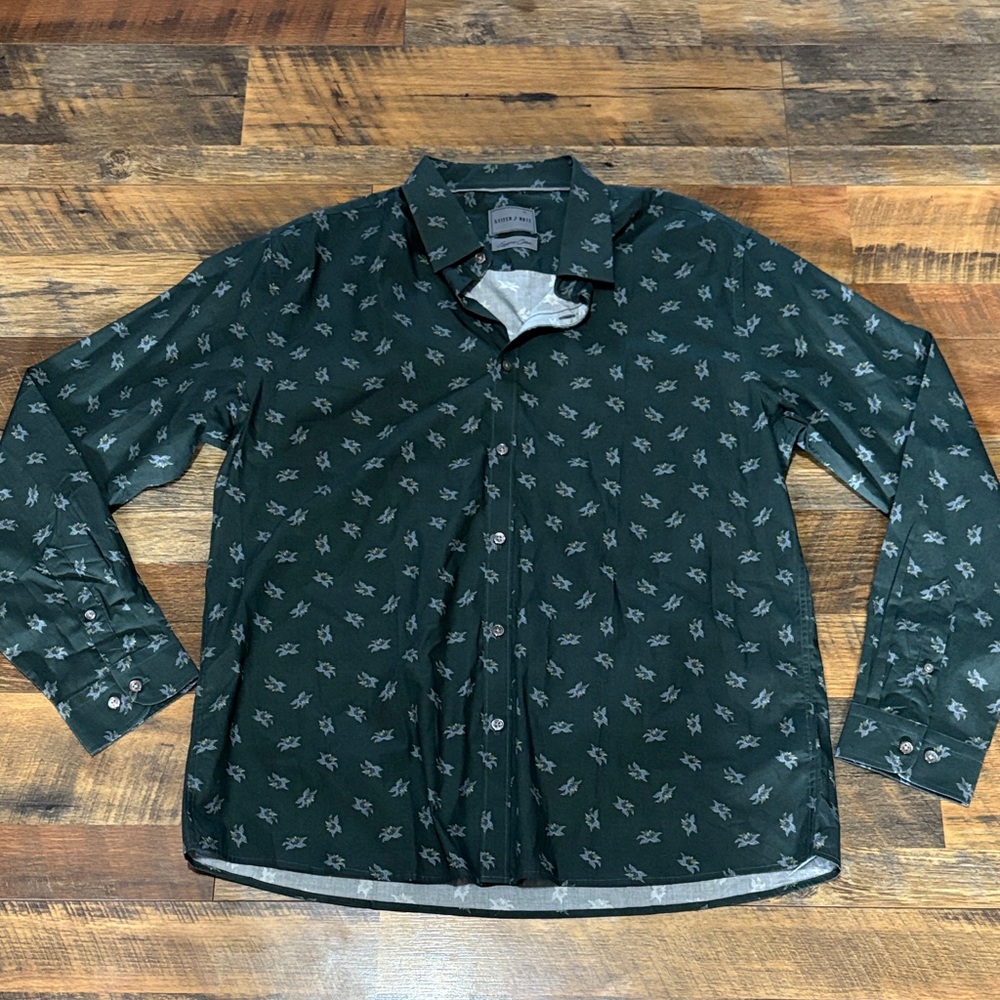 Stitch Note Dark Green Flower Egyptian Cotton Button Down‎ Shirt